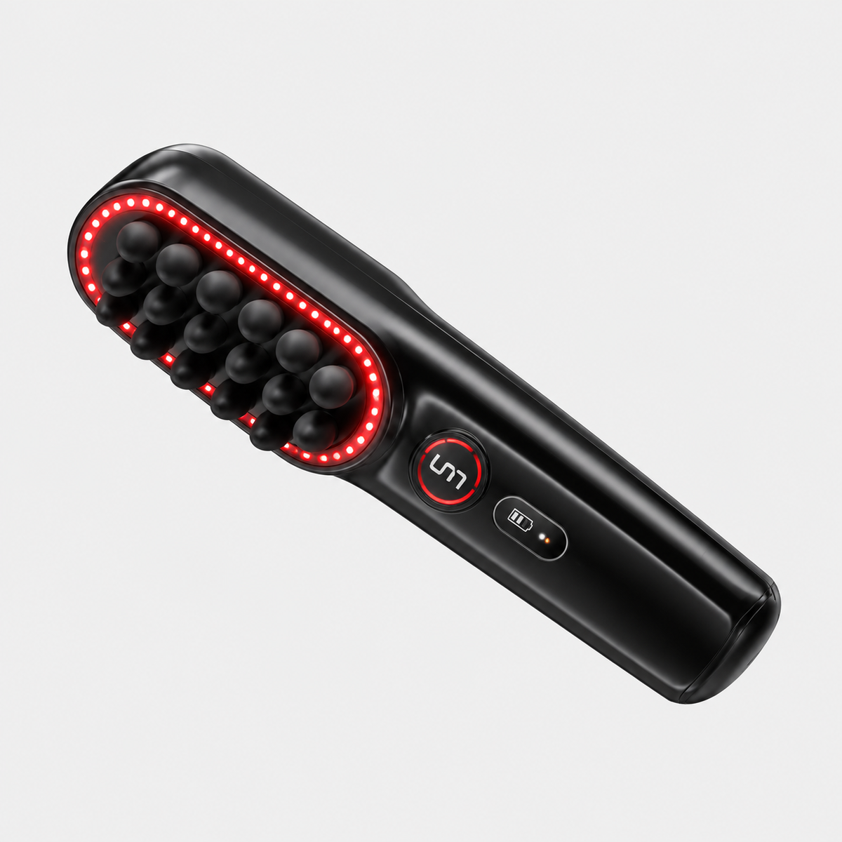 NAPRE scalp massager shown at an angle with rounded massage nodes and red lights
