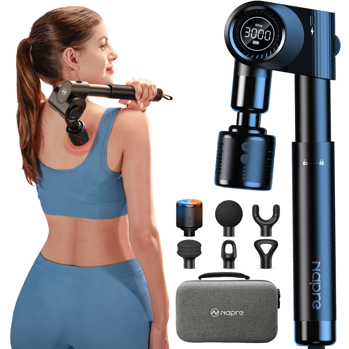 Blue NAPRE massage gun collage showing its digital display, interchangeable heads, carrying case and a woman demonstrating shoulder use