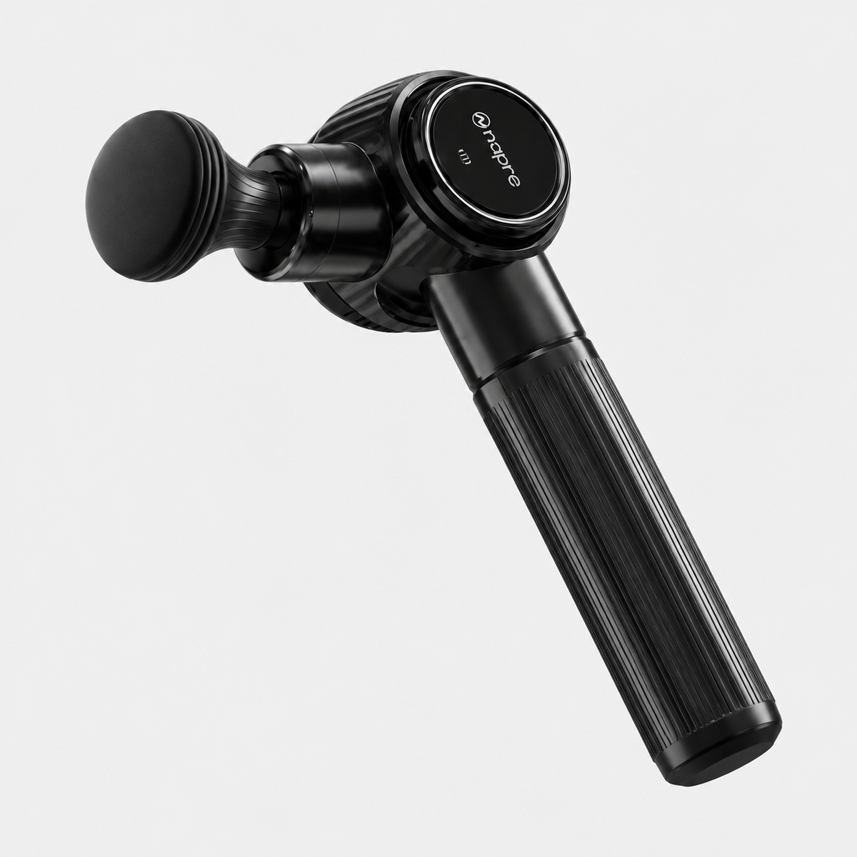 Black NAPRE massage gun with a round massage head and textured handle