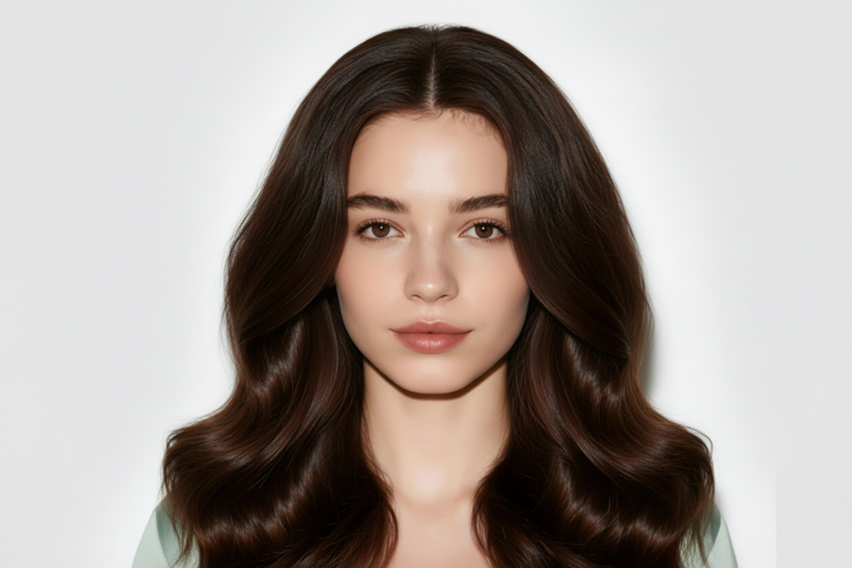 Portrait illustration of a woman with long wavy dark brown hair against a light gray background