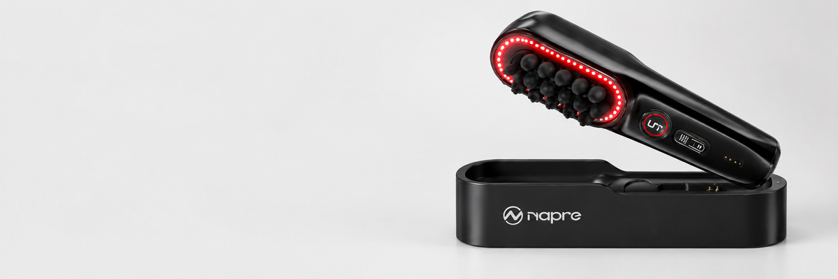 Black NAPRE scalp massager with red lights and its included base on a light gray background
