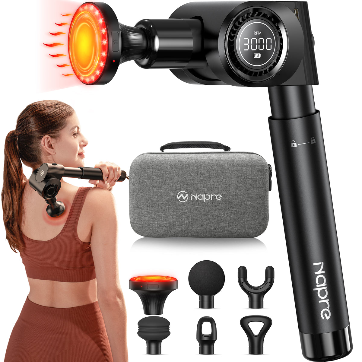 NAPRE massage gun collage with an orange illuminated attachment, digital display, carrying case, massage heads and a woman demonstrating shoulder use