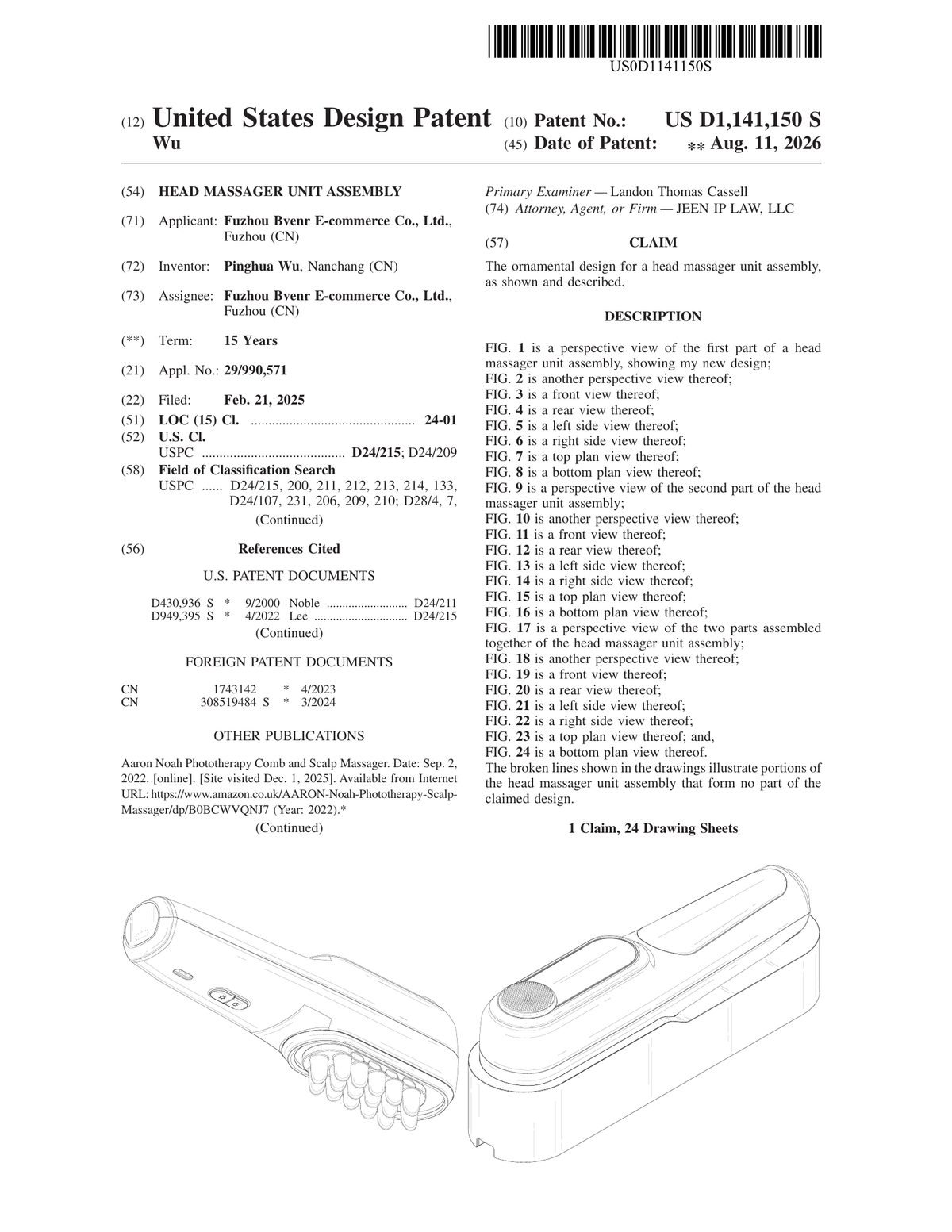 Original title page of U.S. design patent US D1,141,150 S for a Head Massager Unit Assembly