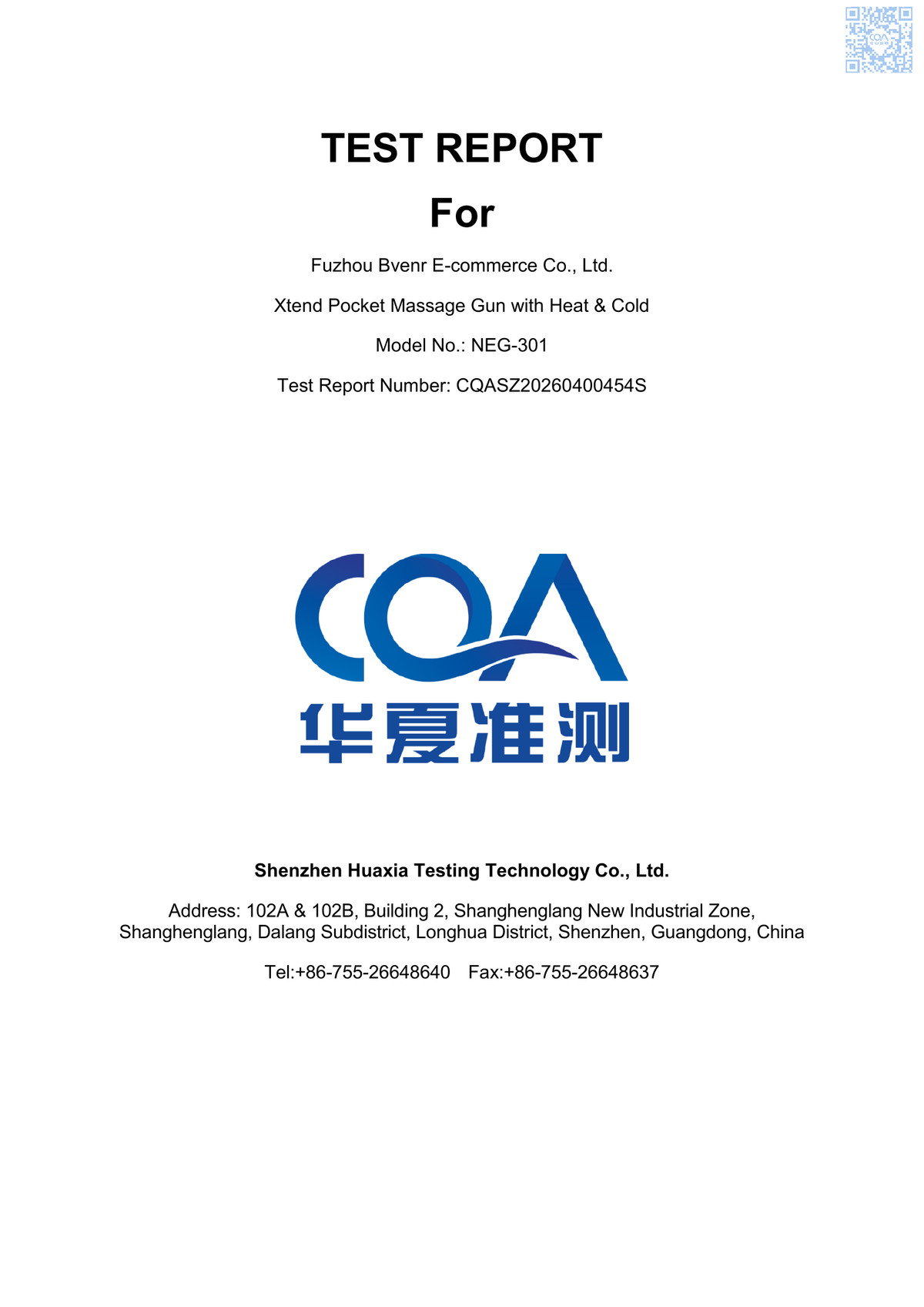Original cover of EU electrical safety test report CQASZ20260400454S for the tested NEG-301 massage gun