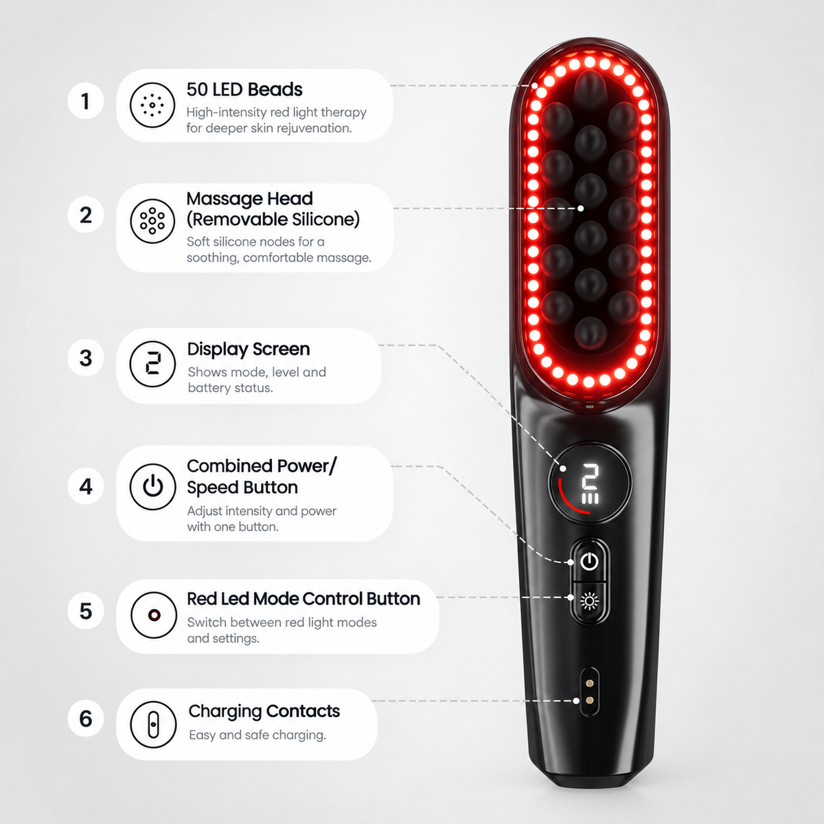 NAPRE NEH-100 parts diagram identifying massage nodes, digital display, controls and charging contacts