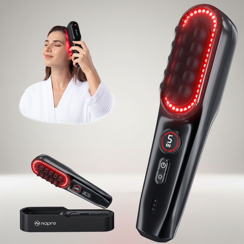 Woman using a NAPRE NEH-100 scalp massager, alongside close-up views of the device and included base
