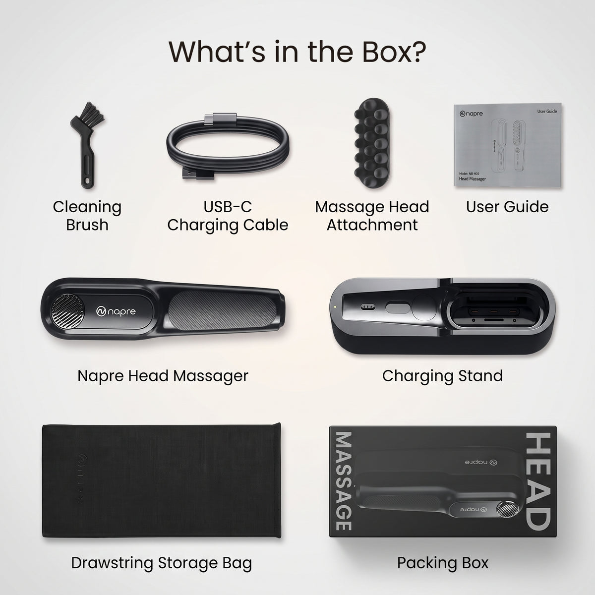 NAPRE NEH-100 packaging overview showing the scalp massager, base, cable, attachments and storage accessories