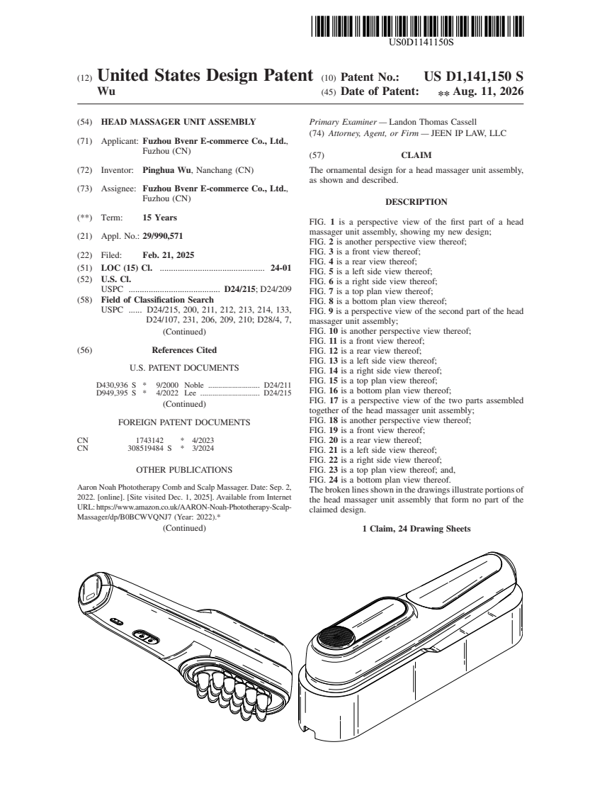 U.S. design patent US D1,141,150 S showing the Head Massager Unit Assembly and its base.