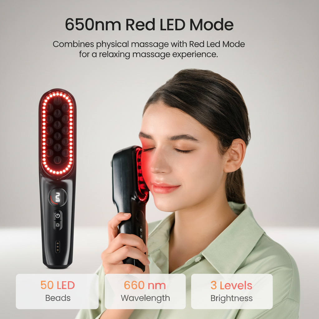 NAPRE NEH-100 red LED mode illustration showing the scalp massager beside a model