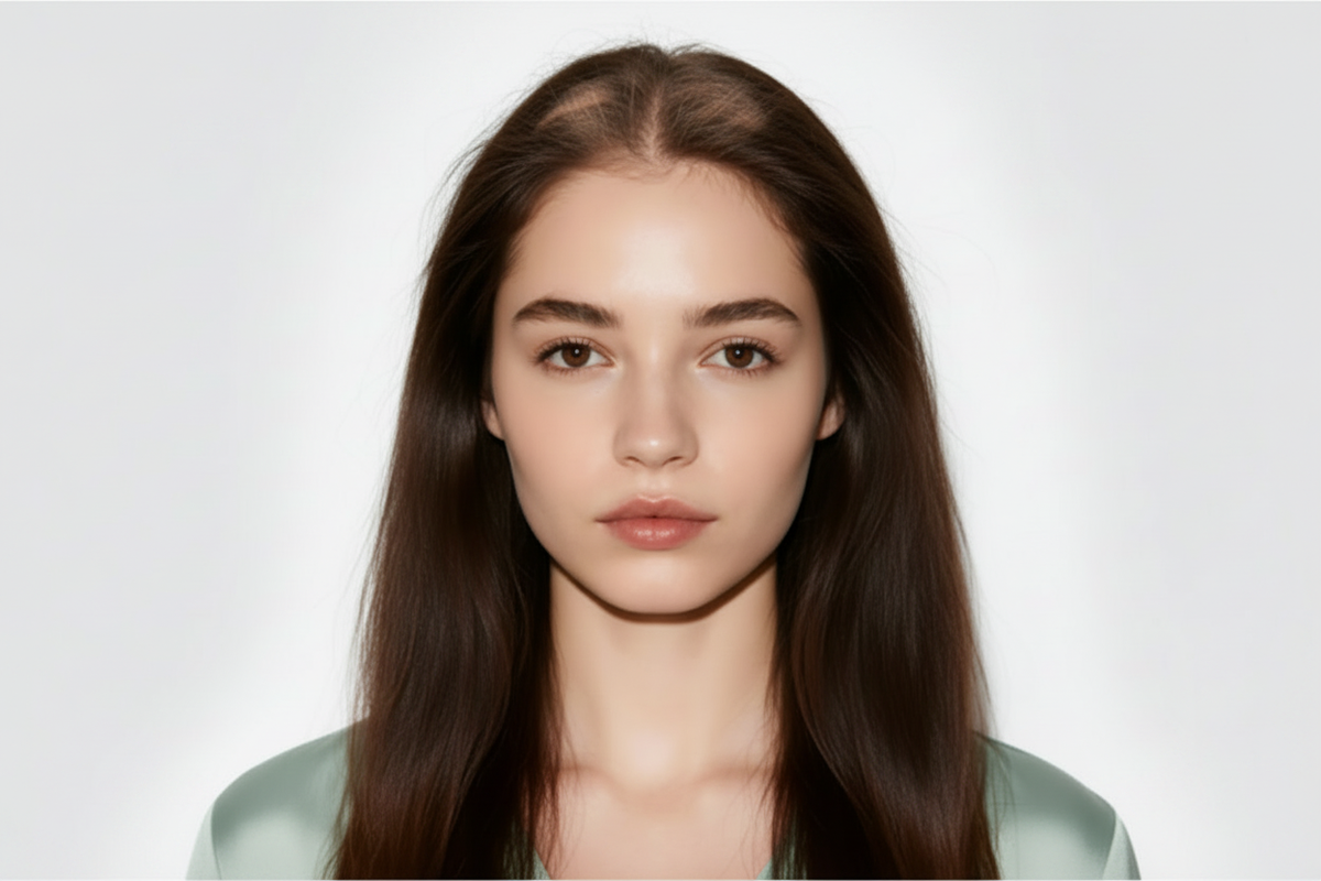 Portrait illustration of a woman with straight brown hair and a visible center part on a light gray background