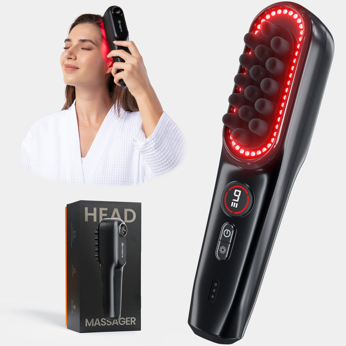 Woman using a NAPRE scalp massager, with a close-up of its red-lit massage head and the device beside its box.