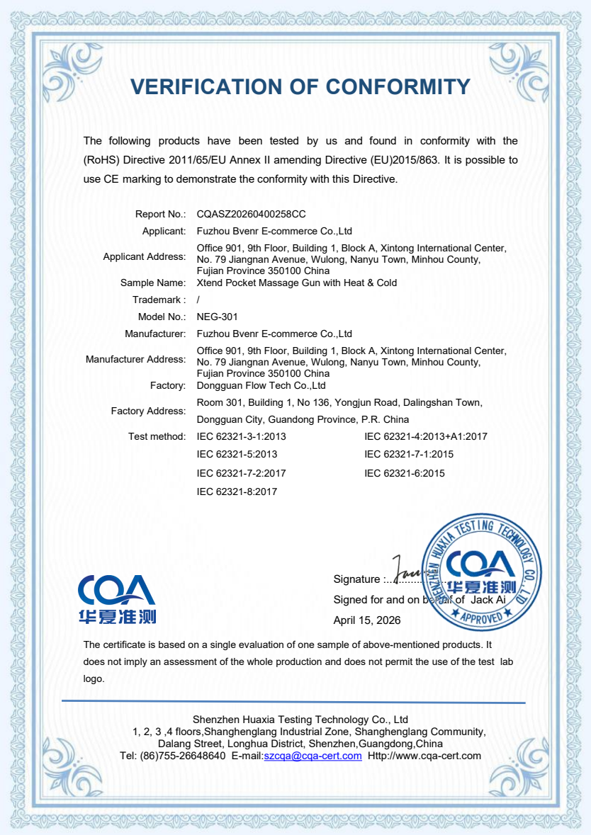 RoHS verification CQASZ20260400258CC for the NEG-301 massage gun.