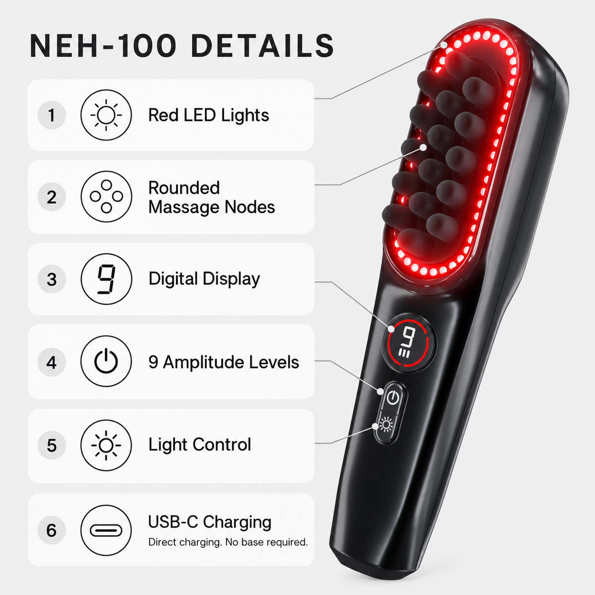 NAPRE NEH-100 feature diagram showing red LED lights, rounded massage nodes, digital display, 9 amplitude levels, light control and USB-C charging without a base.